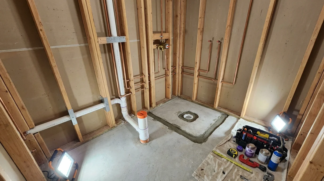 Bathroom rough-in plumbing during remodel by Johns Plumbing LLC in Adamsville