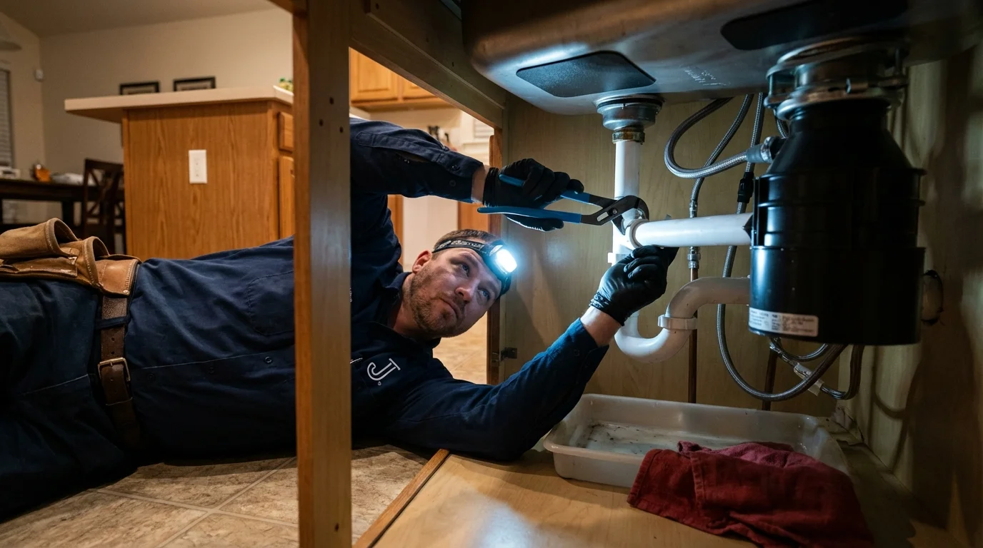 P-trap and supply line connections under a kitchen sink showing a common leak point in Adamsville, AL